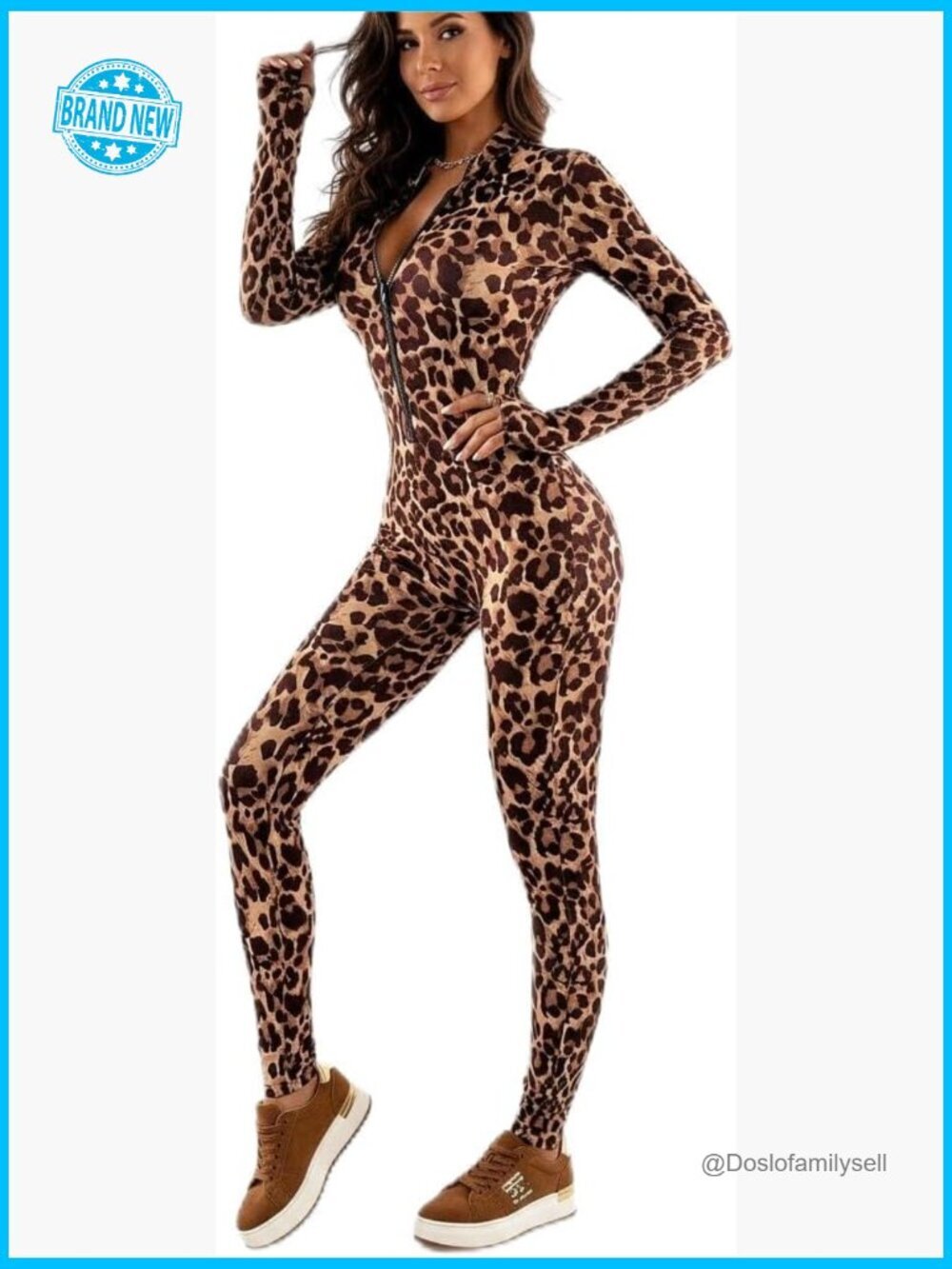 Women's Zipper Leopard Print Full Bodysuit Long Sleeve Slim Fit Jumpsuit